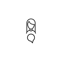 Vector signs drawn in flat style with thin black line. Editable stroke. Suitable for adverts, books, articles, banners. Line icon of round speech bubble next to faceless woman