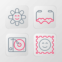 Set line LSD acid mark, Vinyl player, Heart shaped love glasses and Flower icon. Vector