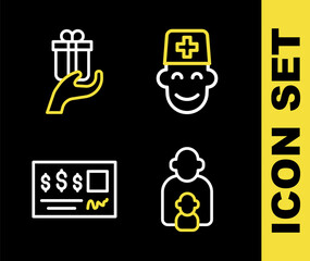 Set line Male doctor, Taking care of children, Bank check and Give gift icon. Vector