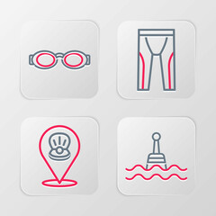 Set line Floating buoy, Scallop sea shell, Wetsuit for scuba diving and Glasses swimming icon. Vector