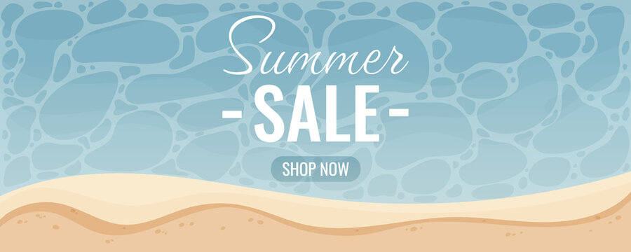 Summer sale banner template. Top view of the sea beach. Beautiful background. Seasonal discount offer. For banner, poster, website interface, shop