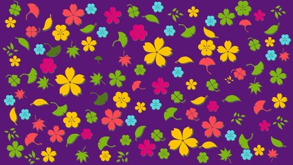 Fototapeta na wymiar seamless aesthetic pattern with colorful flowers and leaves illustration on purple background 