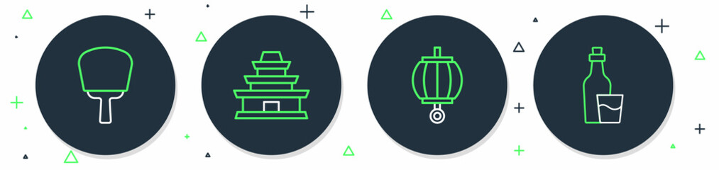 Set line Korean temple, lantern, hand fan and Soju bottle icon. Vector