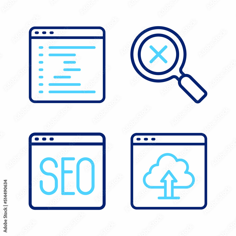 Poster set line cloud upload, seo optimization, magnifying glass and delete and browser window icon. vector