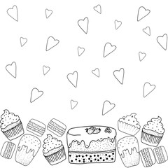 Seamless pattern of sweets and pastries, cupcake, cake, muffin, cake, macaroon, contour drawing, hand-drawn, on a white background, flat illustration endless pattern, for printing on fabric, textiles,
