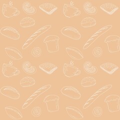 Bakery products, baguettes and confectionery with a white contour pattern on gingerbread paper seamless drawing by hand