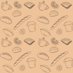 Bakery products, baguettes and confectionery with black contour pattern on gingerbread paper seamless drawing by hand