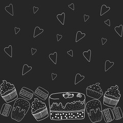 Seamless pattern of sweets and pastries, cupcake, cake, muffins, cake, macaroon, contour drawing, hand-drawn, white outline on a black background, flat illustration endless pattern, for printing