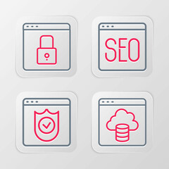 Set line Cloud technology data transfer, Browser with shield, SEO optimization and Secure your site HTTPS, SSL icon. Vector