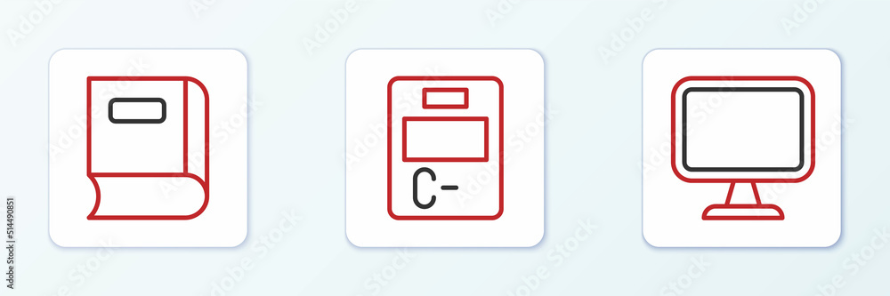 Poster set line computer monitor, book and exam paper with incorrect answers icon. vector