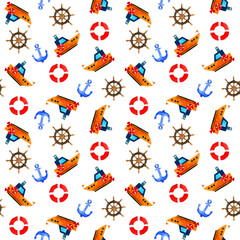 Seamless watercolor pattern of blue steamer and boats and ships with flags. Red life buoy. Ships in cartoon style. Design for kids wallpaper, backgrounds, decorations, party decor.