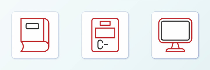 Set line Computer monitor, Book and Exam paper with incorrect answers icon. Vector