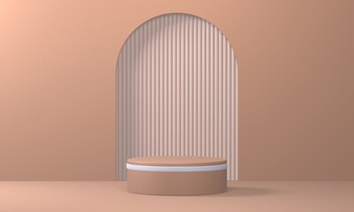 Empty minimalistic light brown podium with white rim in studio lighting. Single cylinder on a light brown background with an arch. 3d render