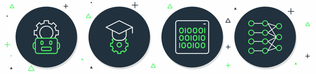 Set line Graduation cap, Binary code, Robot setting and Neural network icon. Vector