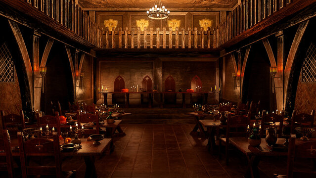 3D Illustration Of Medieval Great Hall Dining Room With Tables Set For A Royal Feast.