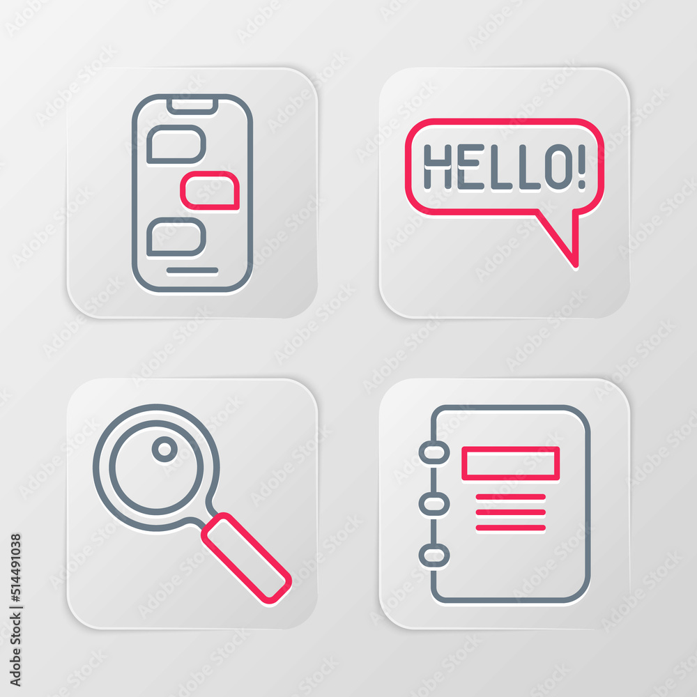 Poster set line notebook, magnifying glass, hello different languages and new chat messages notification ic