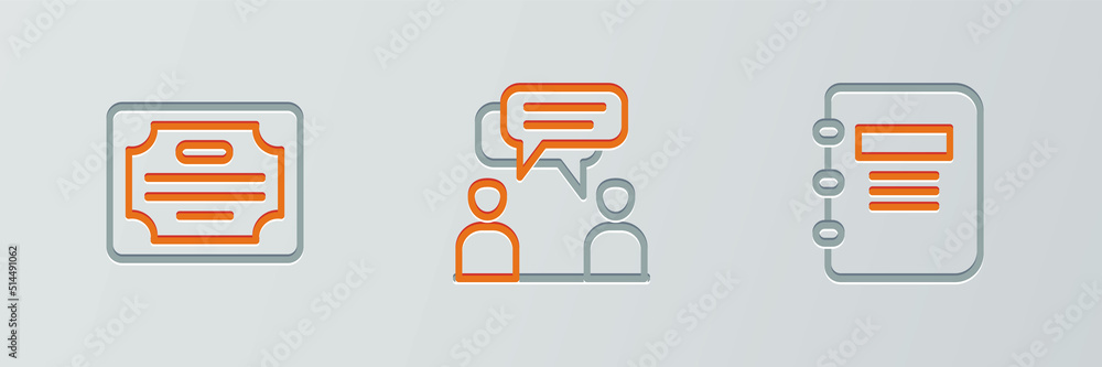 Poster set line notebook, certificate template and two sitting men talking icon. vector
