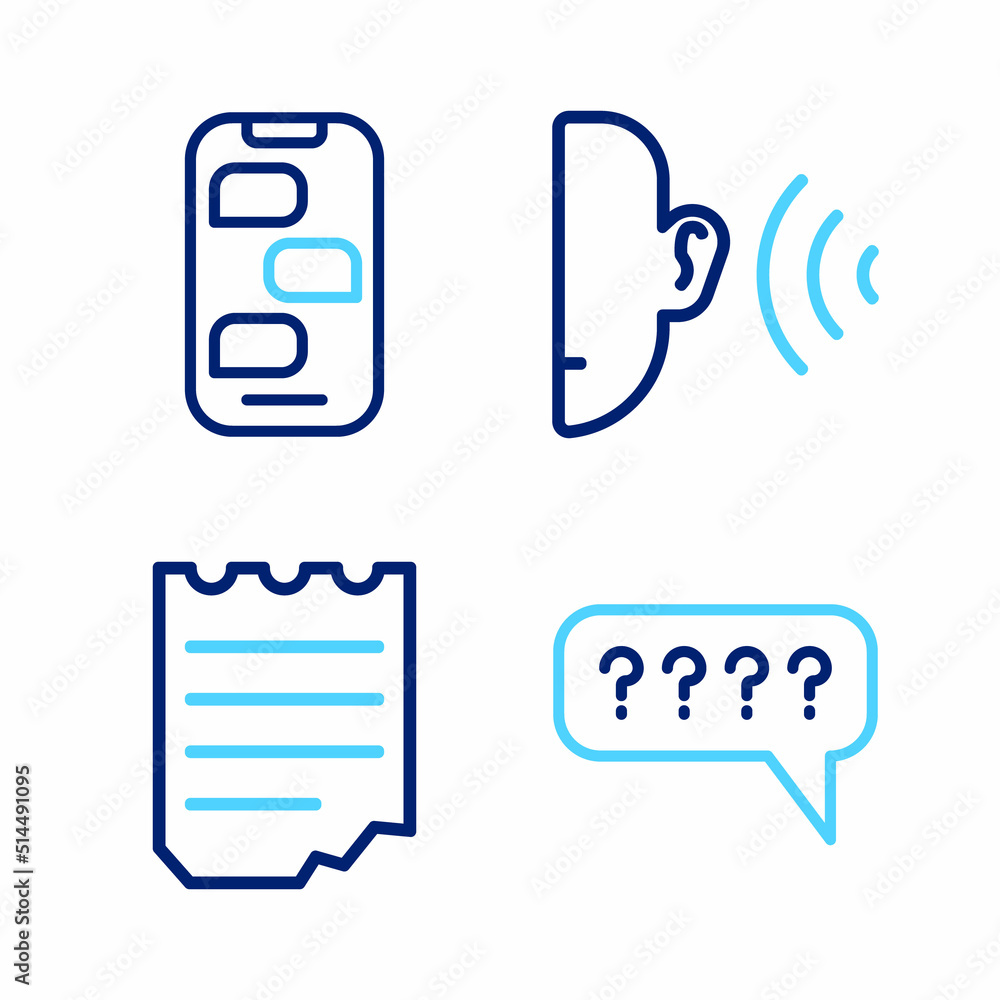 Poster set line speech bubbles with question, notebook, ear listen sound signal and new chat messages notif