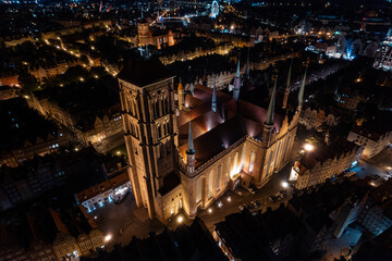 St. Mary's Basilica of the assumption in Gdansk at night from a height