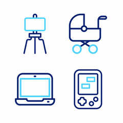 Set line Tetris electronic game, Laptop, Baby stroller and Wood easel icon. Vector
