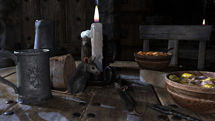 Two cute house mice on the.Search for delicious food. 3d rendering-illustration.