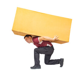 The courier falls under the weight of a large package, isolated on a white background.