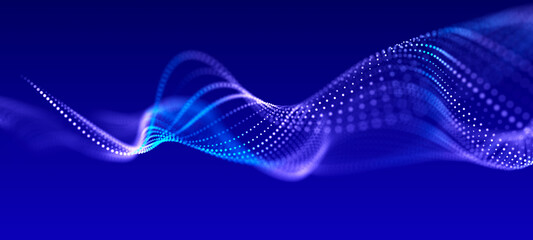 Abstract wave of dots in blue and purple tones. Equalizer for music. 3D rendering.