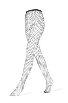 Detailed shot of black coarse mesh tights with an open crotch. The erotic crotchless tights have a shape of walking woman's legs. The black coarse mesh tights are isolated on the white background.
