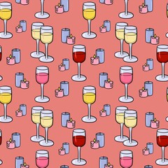 Pink print,Glass tall glasses with various wines and candles, romantic evening, seamless square pattern