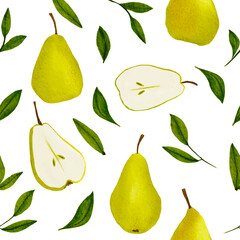 Watercolour Tropical Pear design Seamless Pattern on white background. Hand Drawing repeat Pear Fruit , full and cut, green branch leaves. Vector Illustration