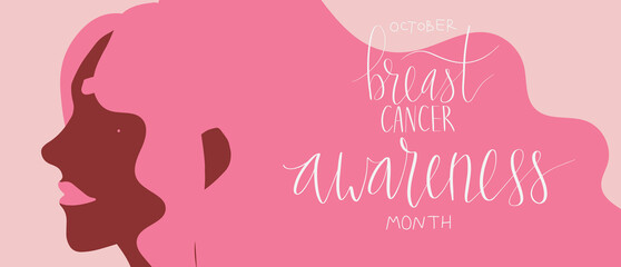 October Breast Cancer Awareness Month campaign web banner. Hispanic woman illustration. Handwritten lettering vector