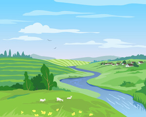 Beautiful countryside landscape in summer with green hills, fields, river and grazing goats