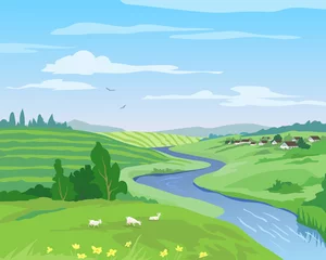Poster Beautiful countryside landscape in summer with green hills, fields, river and grazing goats © Svitlana
