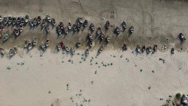 Aerial View of Fishing Boats Docked on The Beach in Cox's Bazar, Bangladesh