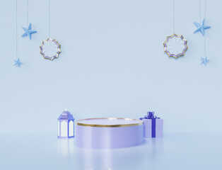 Blue islamic decoration hanging star and decor single product display podium with golden lebel on circle lantern and box 3d rendering image