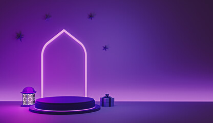 Purple islamic decoration background with hanging stars product display on neon arc design with lantern amp and gift box 3d rendering image