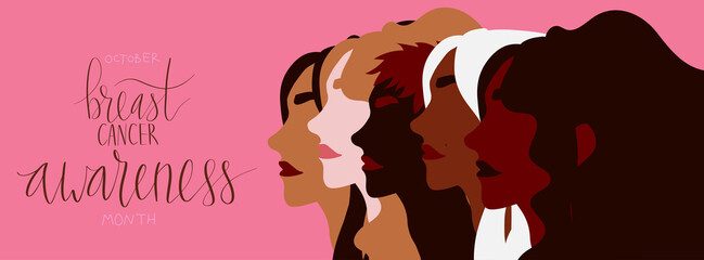 October Breast Cancer Awareness Month campaign web banner. Multiethnic diverse women group illustration. Handwritten lettering vector