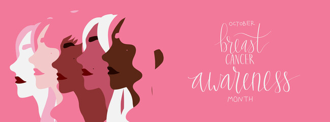 October Breast Cancer Awareness Month campaign web banner. Multiethnic diverse women group illustration. Handwritten lettering vector