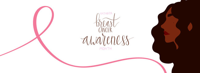 October Breast Cancer Awareness Month campaign web banner. African american woman illustration. Handwritten lettering vector
