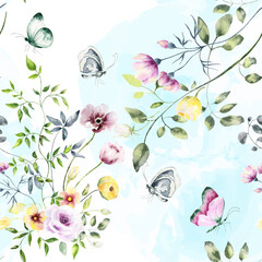 Hand drawn watercolor seamless pattern of bright colorful realistic butterflies,splashes and flowers .Mixed media art.