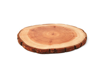Wooden stand for a dish isolated on a white background. Tree trunk cut for product presentation demonstration