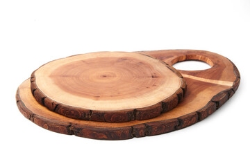 Wooden stand for displaying a product on a white background. Saw cut tree trunk for product presentation