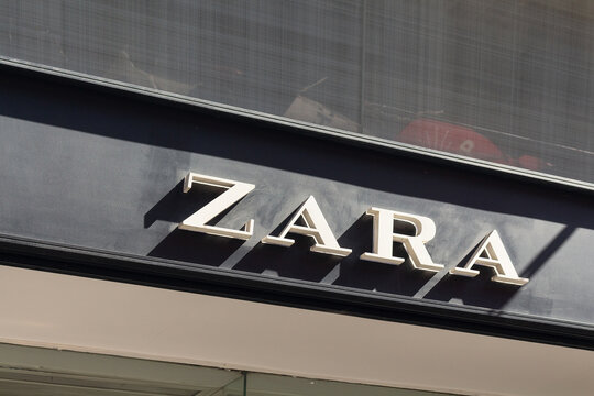 Close up view of Spanish clothing brand's store signage on Istiklal Avenue in Istanbul.