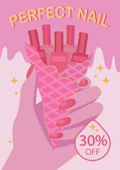 banner hand with manicure holding nail polish. horn. sale 30%