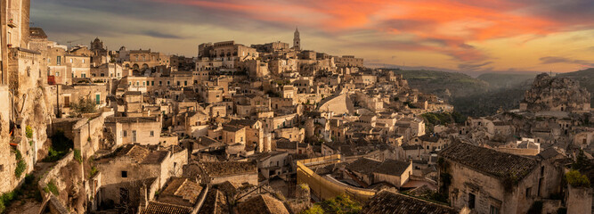 Scenic cityscape of Matera with the cave church Saint Mary of Idris, Southern Italy