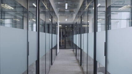Empty hall of business office with glass doors, working place of big corporation