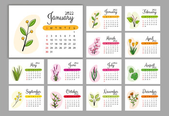 New Year 2022 Calendar Template with Cute Flower Vector