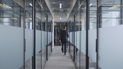 Back view of office worker walking along hall with glass doors, corporate business