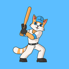 Cute red cat practicing baseball. Cartoon vector character for children