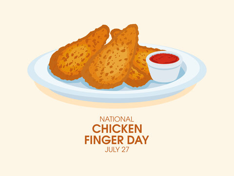 National Chicken Finger Day Vector. Fried Chicken Fingers With Red Sauce Icon Vector. Chicken Strips On A Plate Drawing. July 27. Important Day